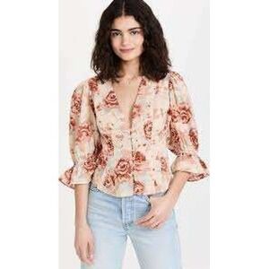 Free People found You Floral Blouse Button Down Peasant Top Ruffle Sleeve Medium